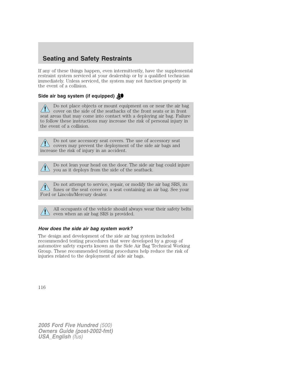 Seating and safety restraints | FORD 2005 Five Hundred v.2 User Manual | Page 116 / 264