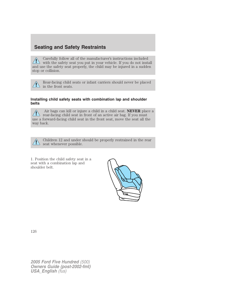Seating and safety restraints | FORD 2005 Five Hundred v.2 User Manual | Page 126 / 264