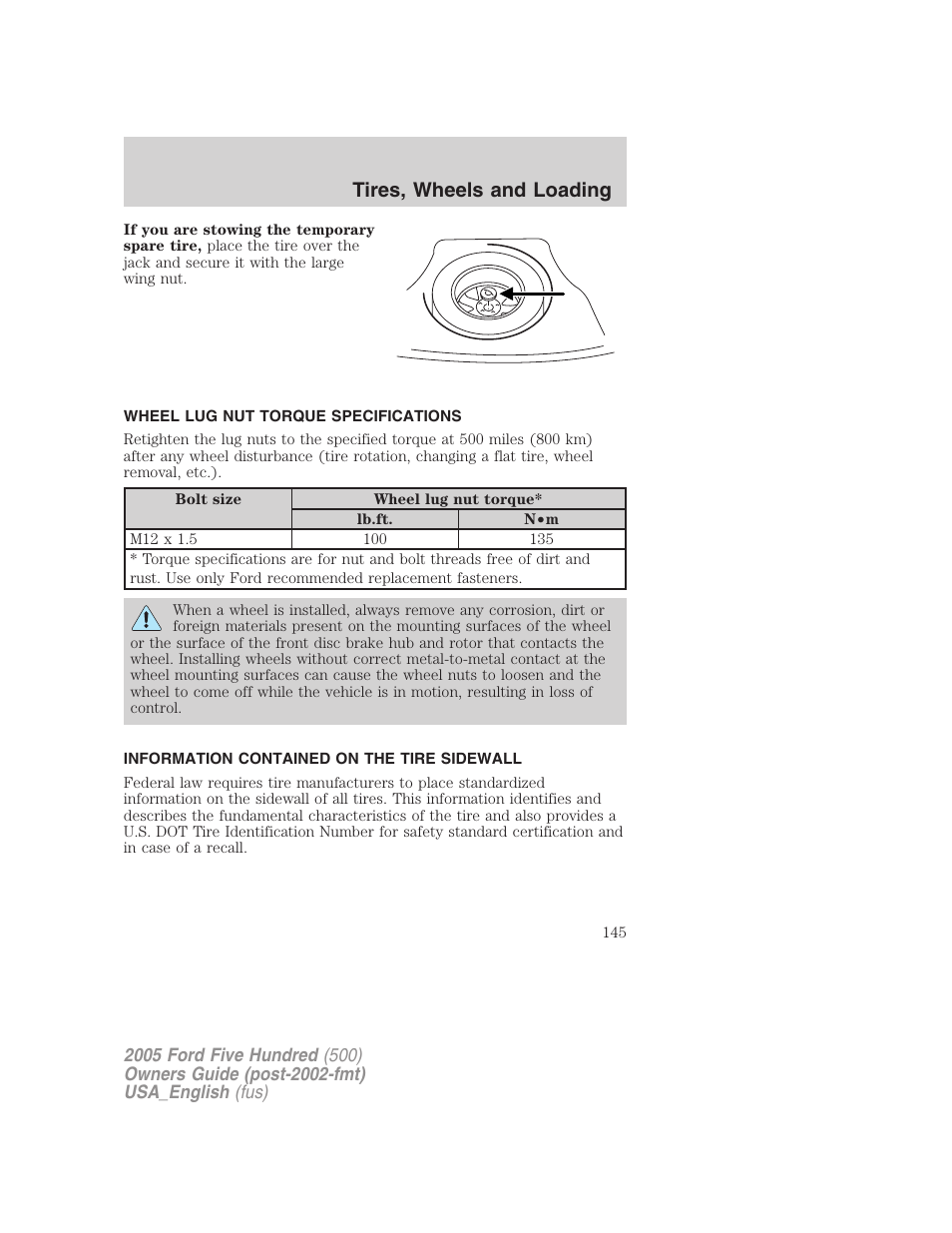 Tires, wheels and loading | FORD 2005 Five Hundred v.2 User Manual | Page 145 / 264