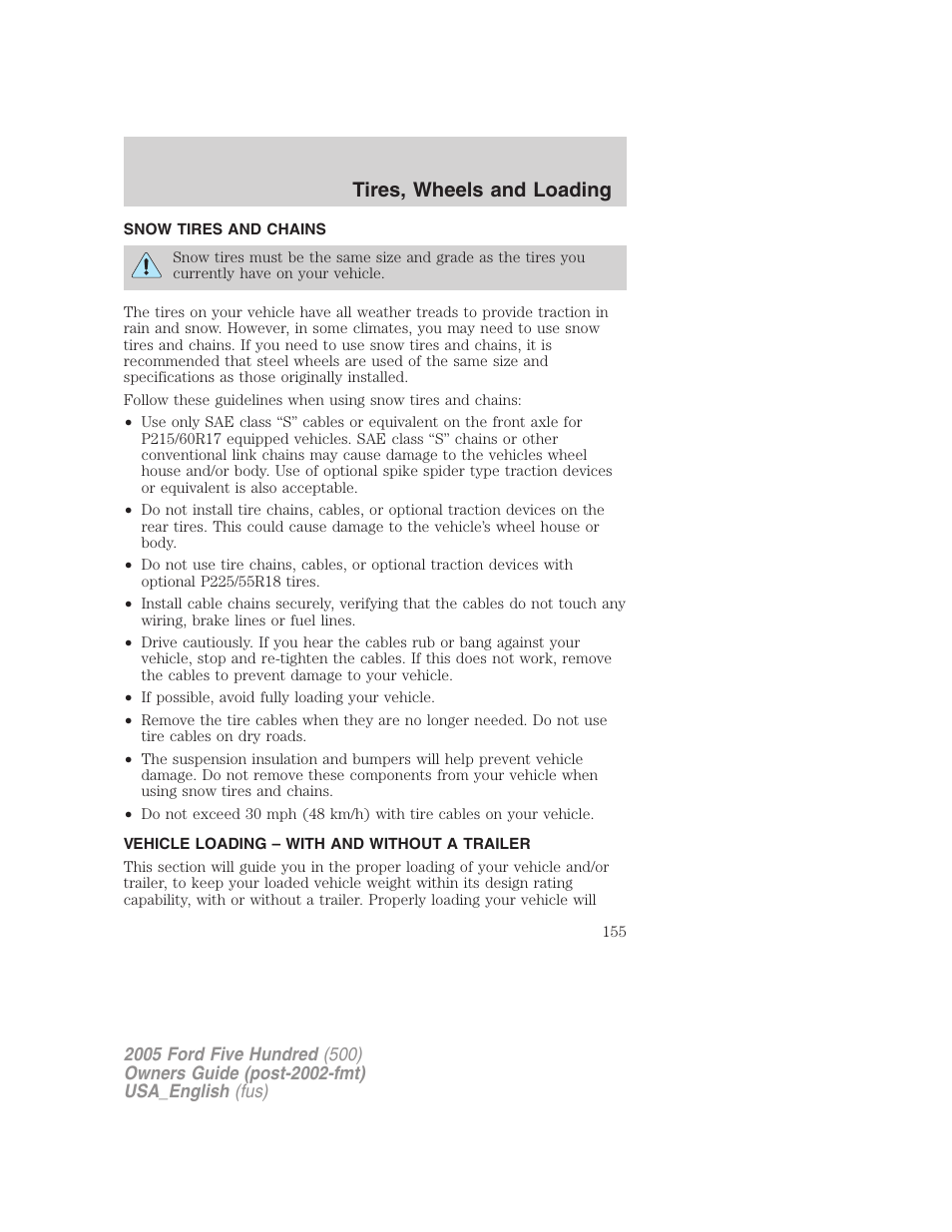 Tires, wheels and loading | FORD 2005 Five Hundred v.2 User Manual | Page 155 / 264