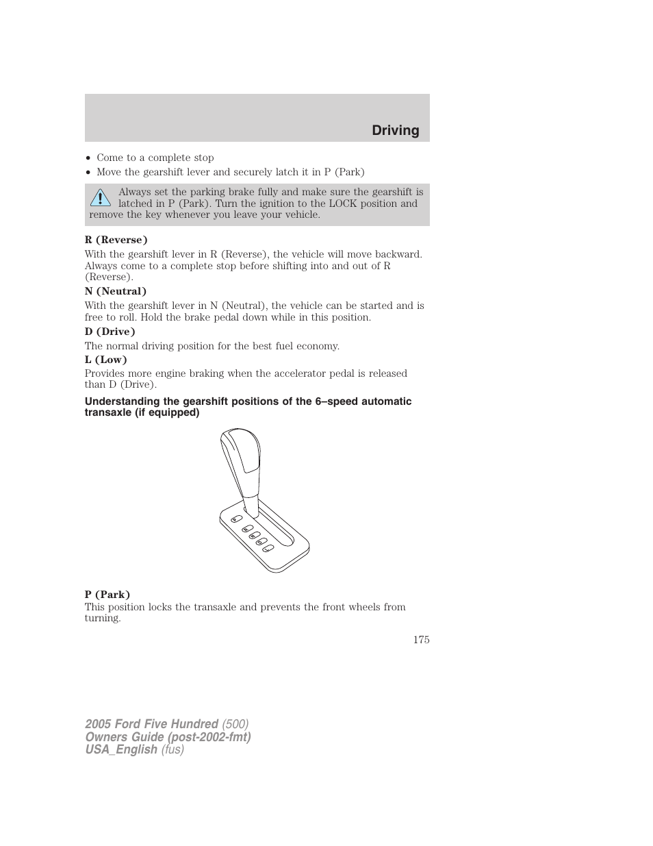 Driving | FORD 2005 Five Hundred v.2 User Manual | Page 175 / 264