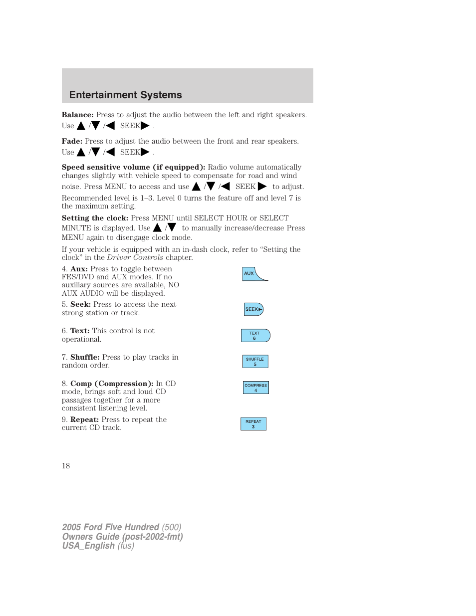 Entertainment systems | FORD 2005 Five Hundred v.2 User Manual | Page 18 / 264