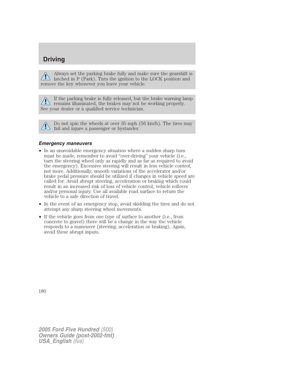 Driving | FORD 2005 Five Hundred v.2 User Manual | Page 180 / 264