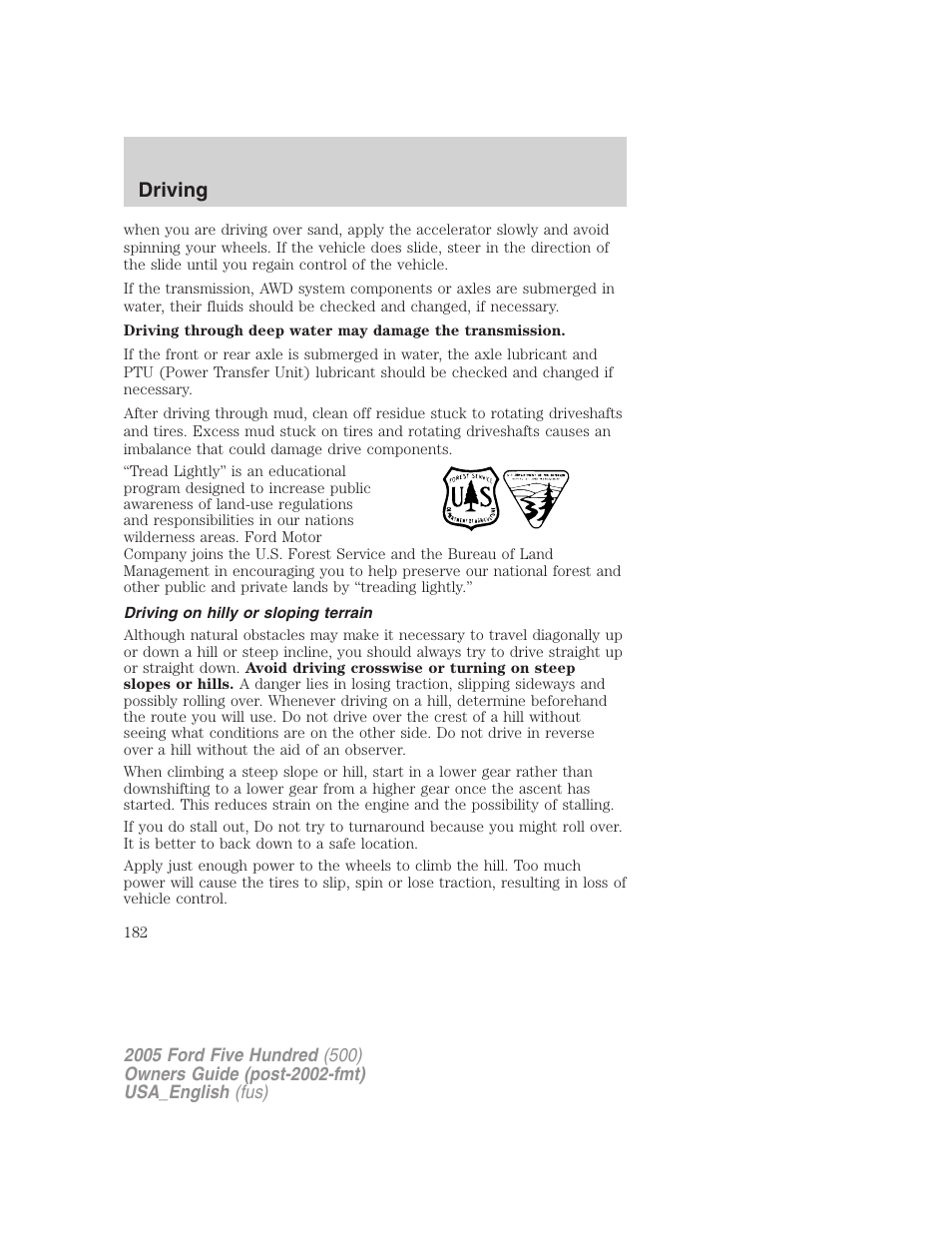 Driving | FORD 2005 Five Hundred v.2 User Manual | Page 182 / 264