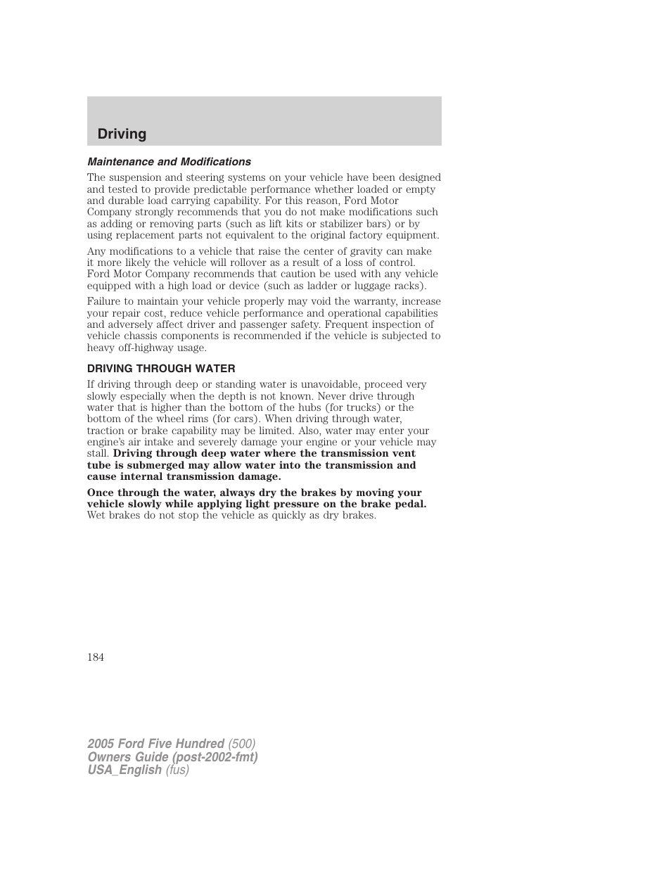 Driving | FORD 2005 Five Hundred v.2 User Manual | Page 184 / 264