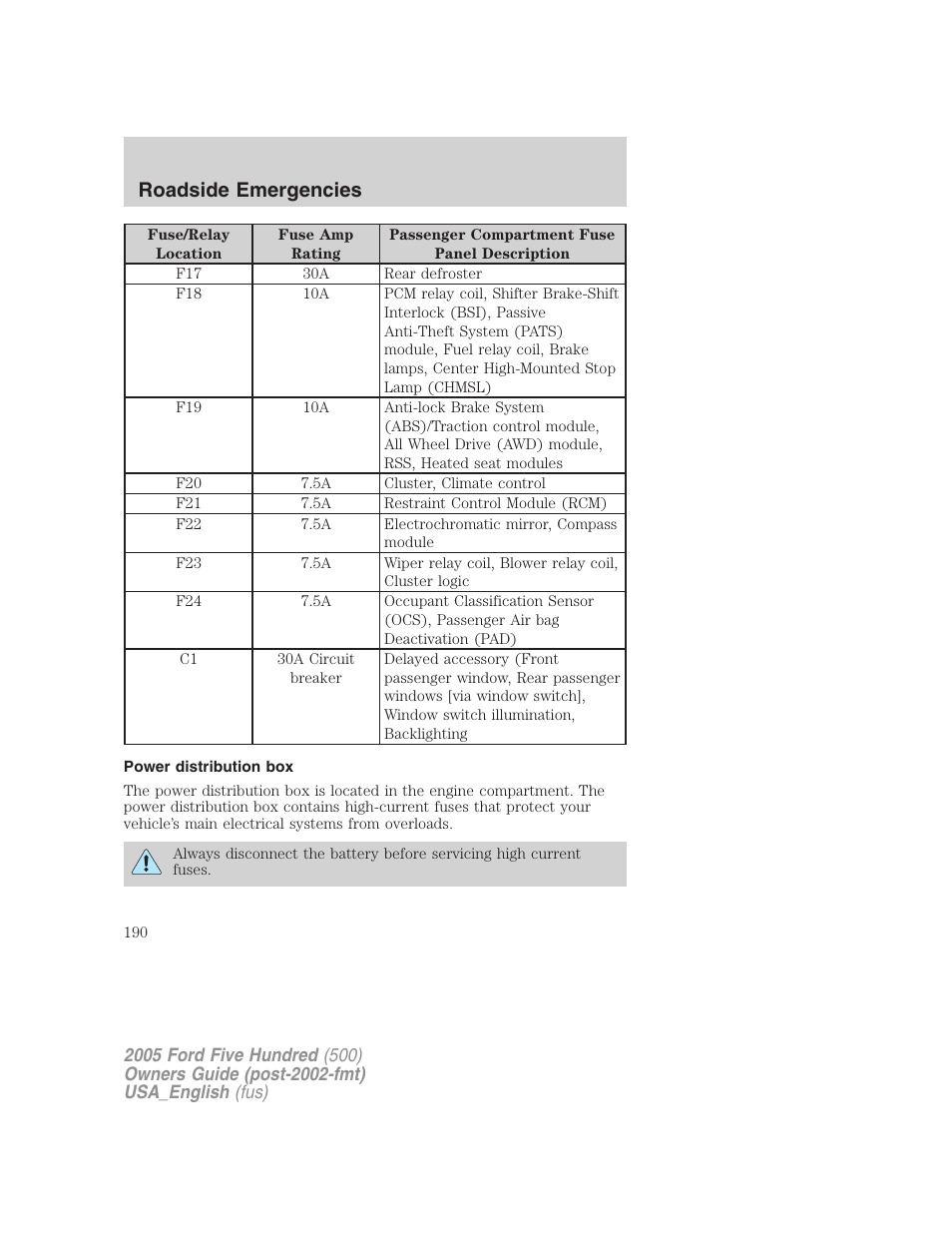 Roadside emergencies | FORD 2005 Five Hundred v.2 User Manual | Page 190 / 264