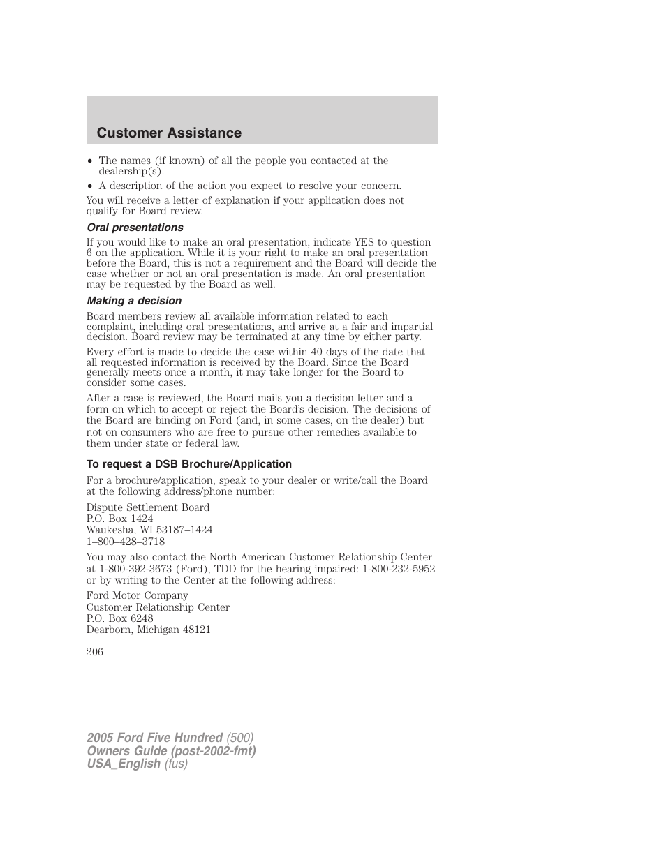 Customer assistance | FORD 2005 Five Hundred v.2 User Manual | Page 206 / 264