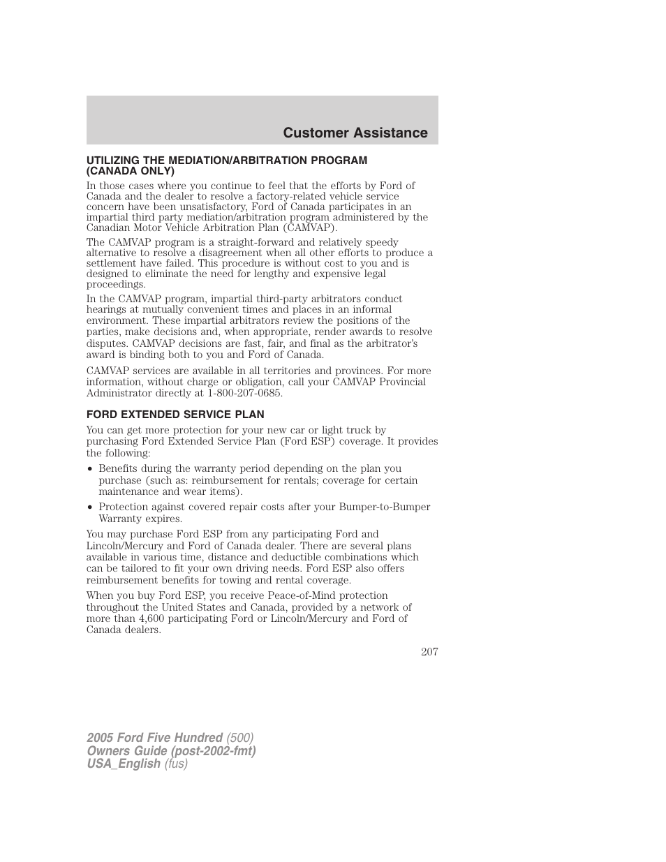 Customer assistance | FORD 2005 Five Hundred v.2 User Manual | Page 207 / 264