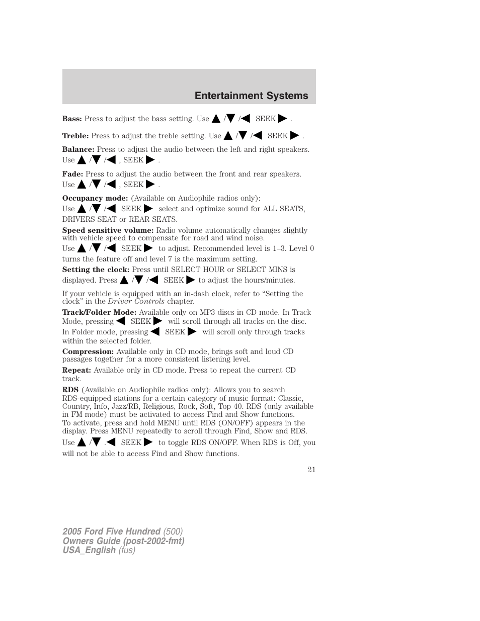 Entertainment systems | FORD 2005 Five Hundred v.2 User Manual | Page 21 / 264