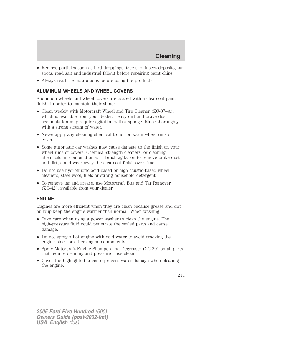 Cleaning | FORD 2005 Five Hundred v.2 User Manual | Page 211 / 264