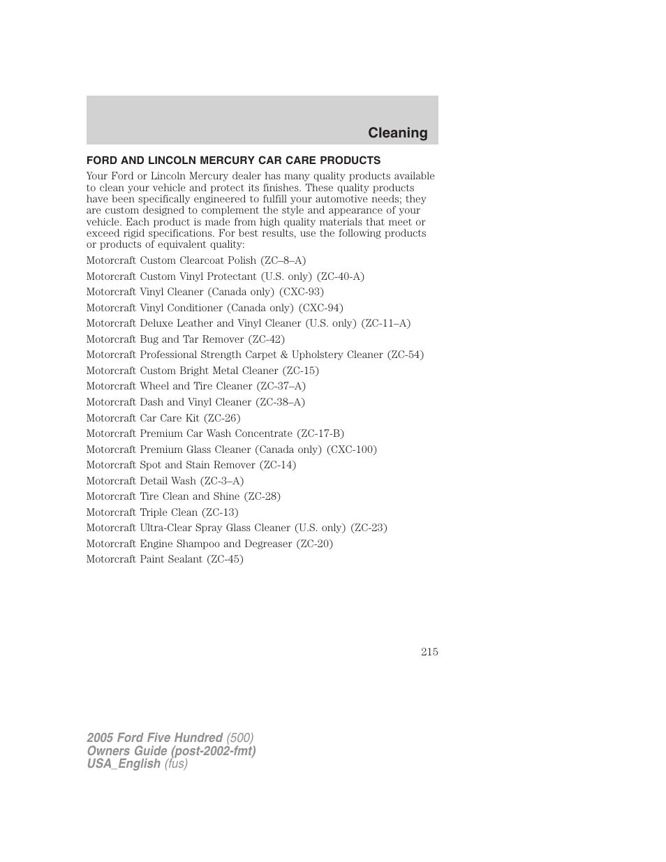 Cleaning | FORD 2005 Five Hundred v.2 User Manual | Page 215 / 264