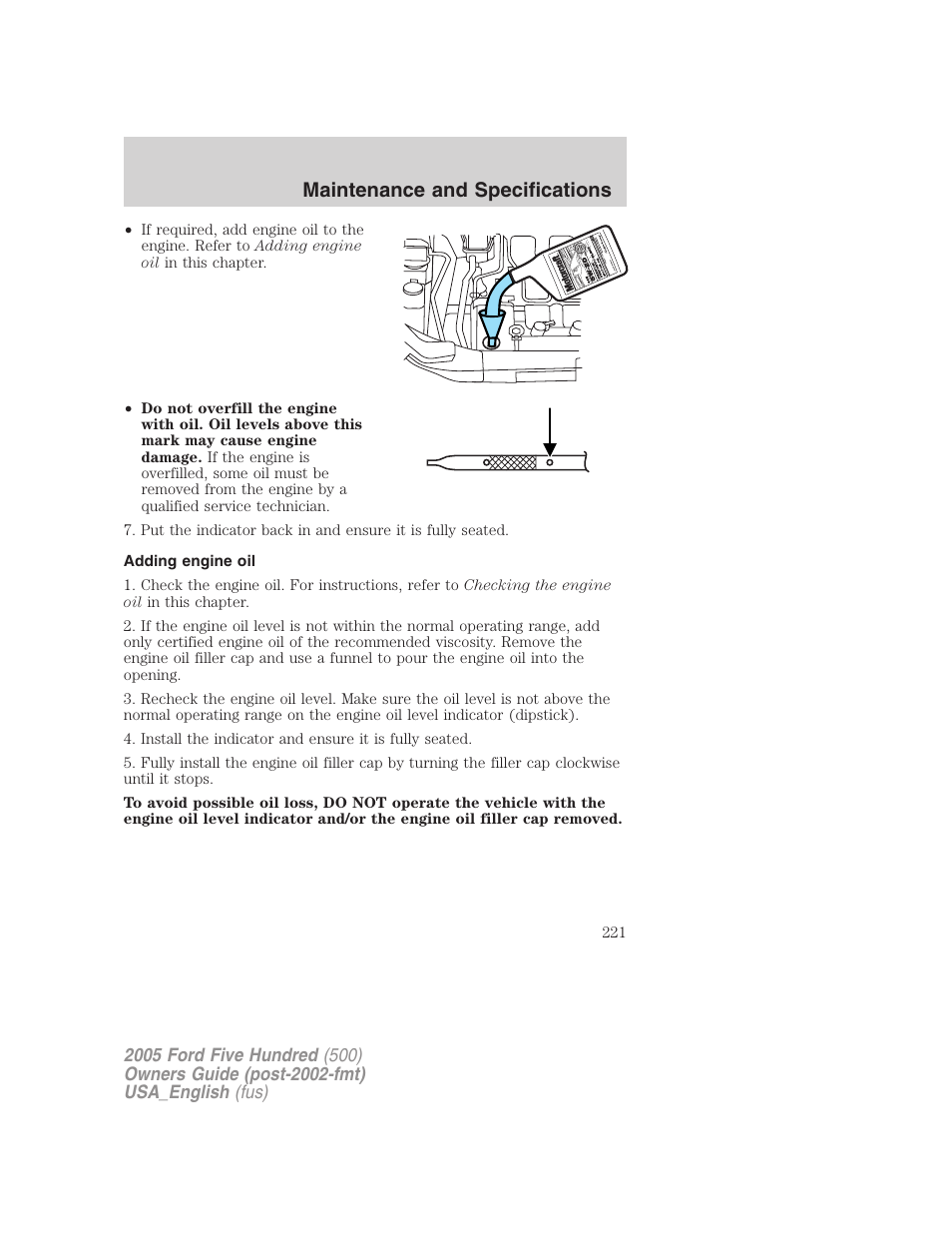 Maintenance and specifications | FORD 2005 Five Hundred v.2 User Manual | Page 221 / 264