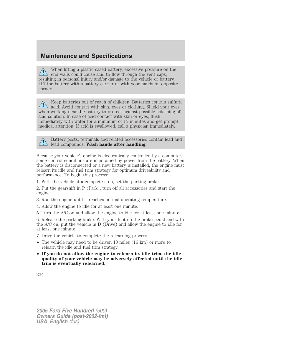 Maintenance and specifications | FORD 2005 Five Hundred v.2 User Manual | Page 224 / 264