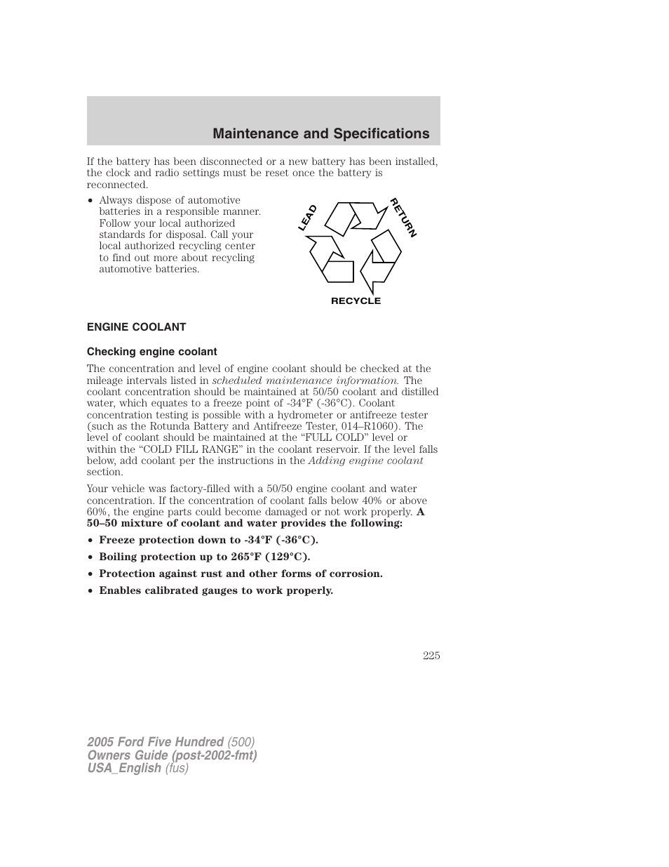 Maintenance and specifications | FORD 2005 Five Hundred v.2 User Manual | Page 225 / 264