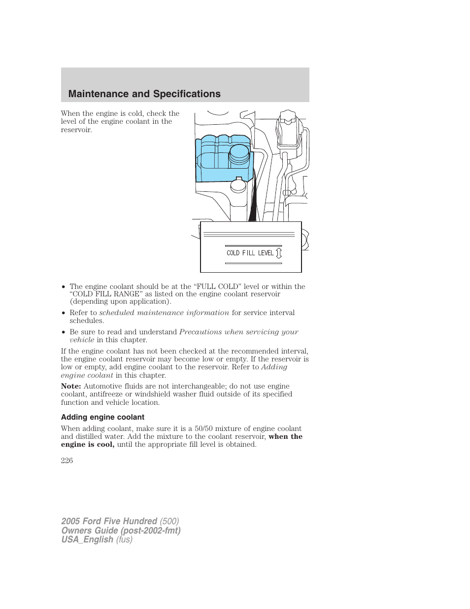Maintenance and specifications | FORD 2005 Five Hundred v.2 User Manual | Page 226 / 264