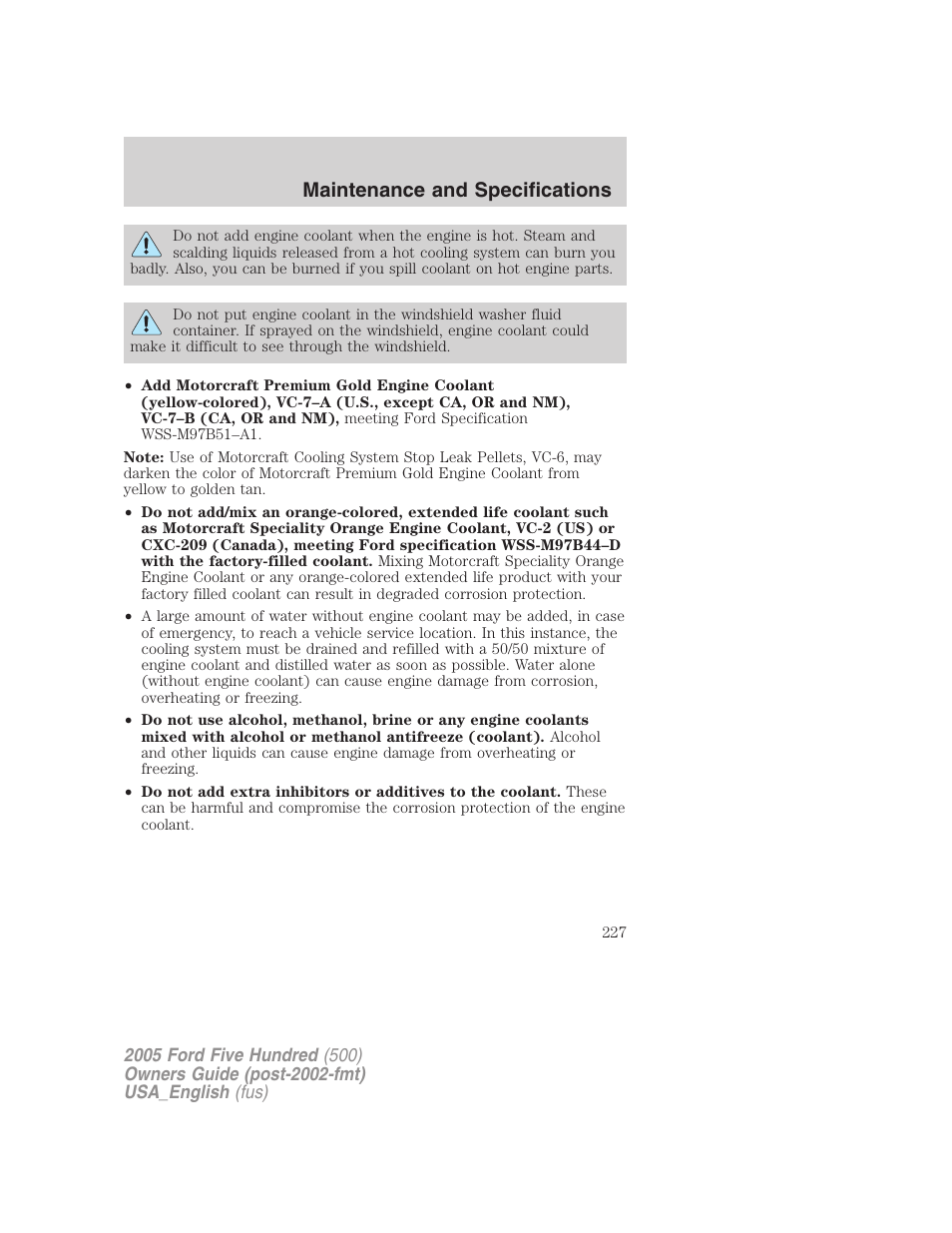 Maintenance and specifications | FORD 2005 Five Hundred v.2 User Manual | Page 227 / 264