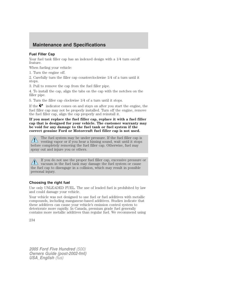 Maintenance and specifications | FORD 2005 Five Hundred v.2 User Manual | Page 234 / 264