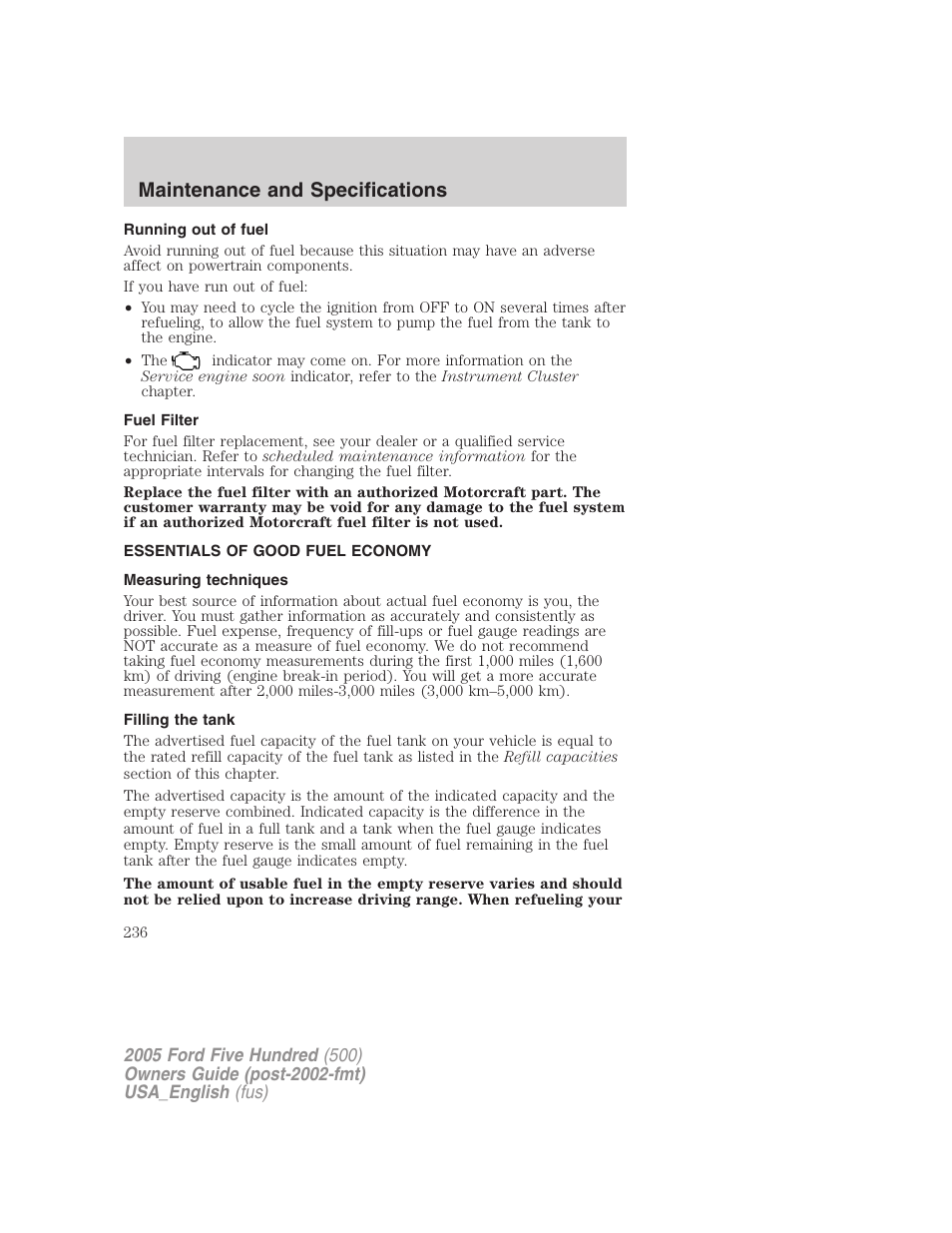 Maintenance and specifications | FORD 2005 Five Hundred v.2 User Manual | Page 236 / 264
