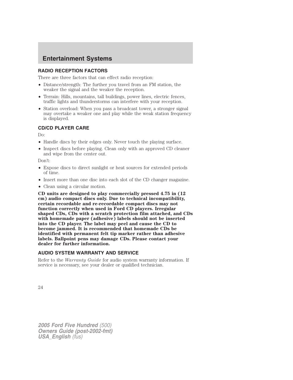 Entertainment systems | FORD 2005 Five Hundred v.2 User Manual | Page 24 / 264