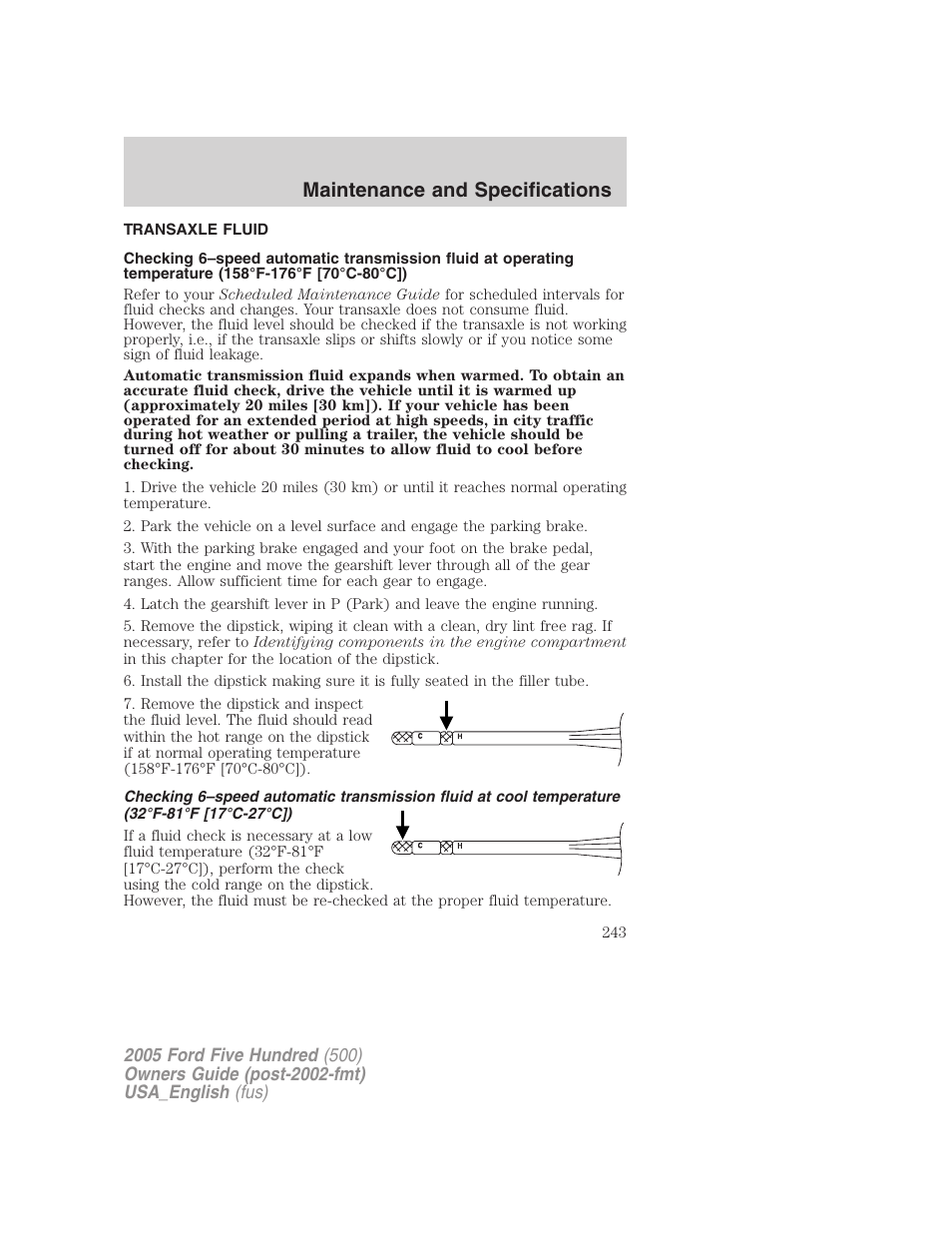 Maintenance and specifications | FORD 2005 Five Hundred v.2 User Manual | Page 243 / 264