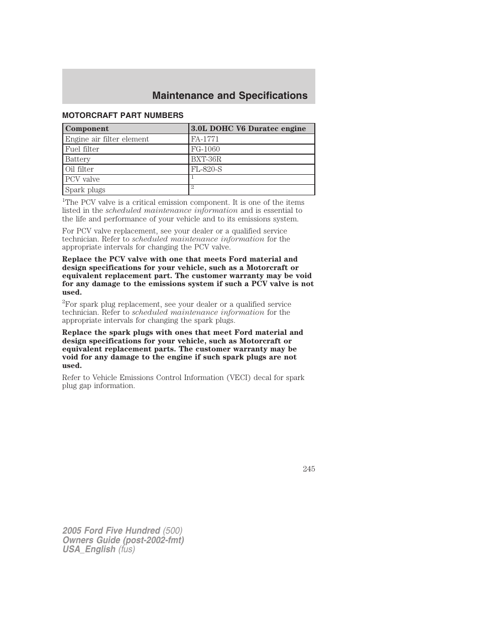 Maintenance and specifications | FORD 2005 Five Hundred v.2 User Manual | Page 245 / 264