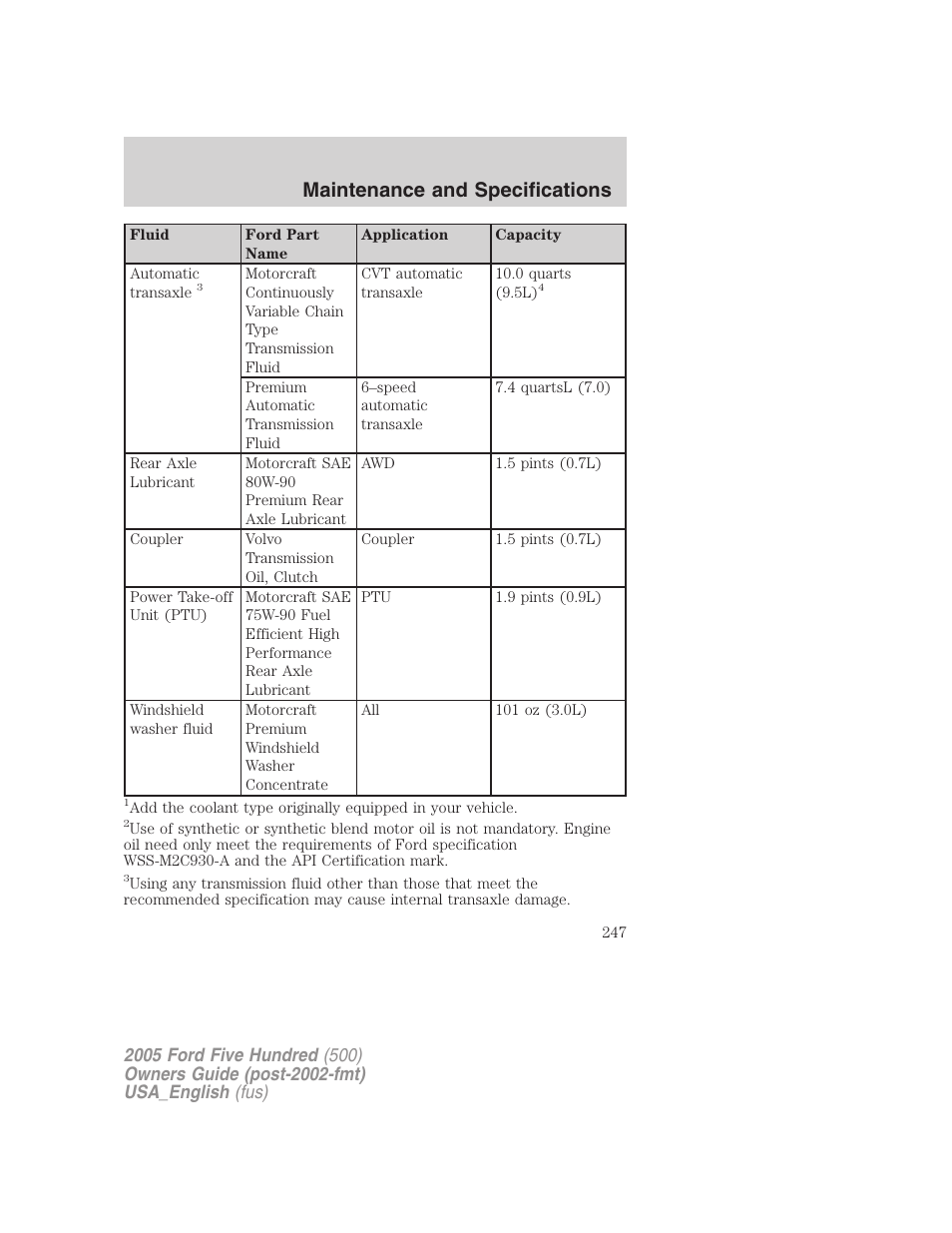 Maintenance and specifications | FORD 2005 Five Hundred v.2 User Manual | Page 247 / 264