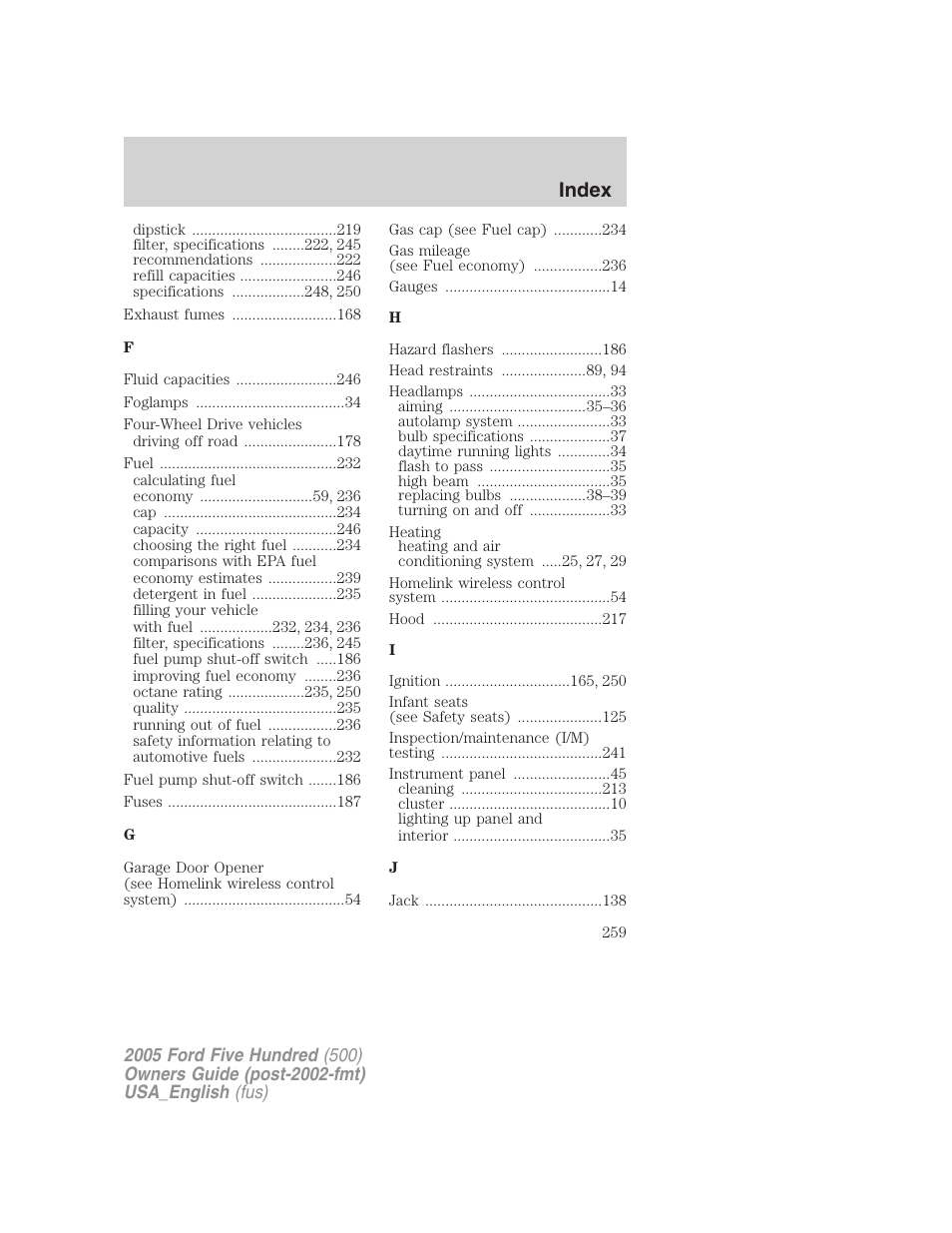 Index | FORD 2005 Five Hundred v.2 User Manual | Page 259 / 264