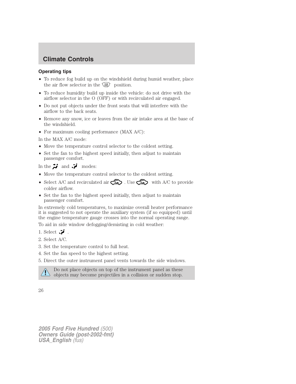 Climate controls | FORD 2005 Five Hundred v.2 User Manual | Page 26 / 264