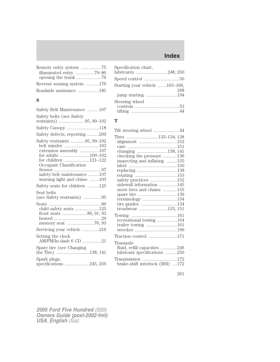 Index | FORD 2005 Five Hundred v.2 User Manual | Page 261 / 264