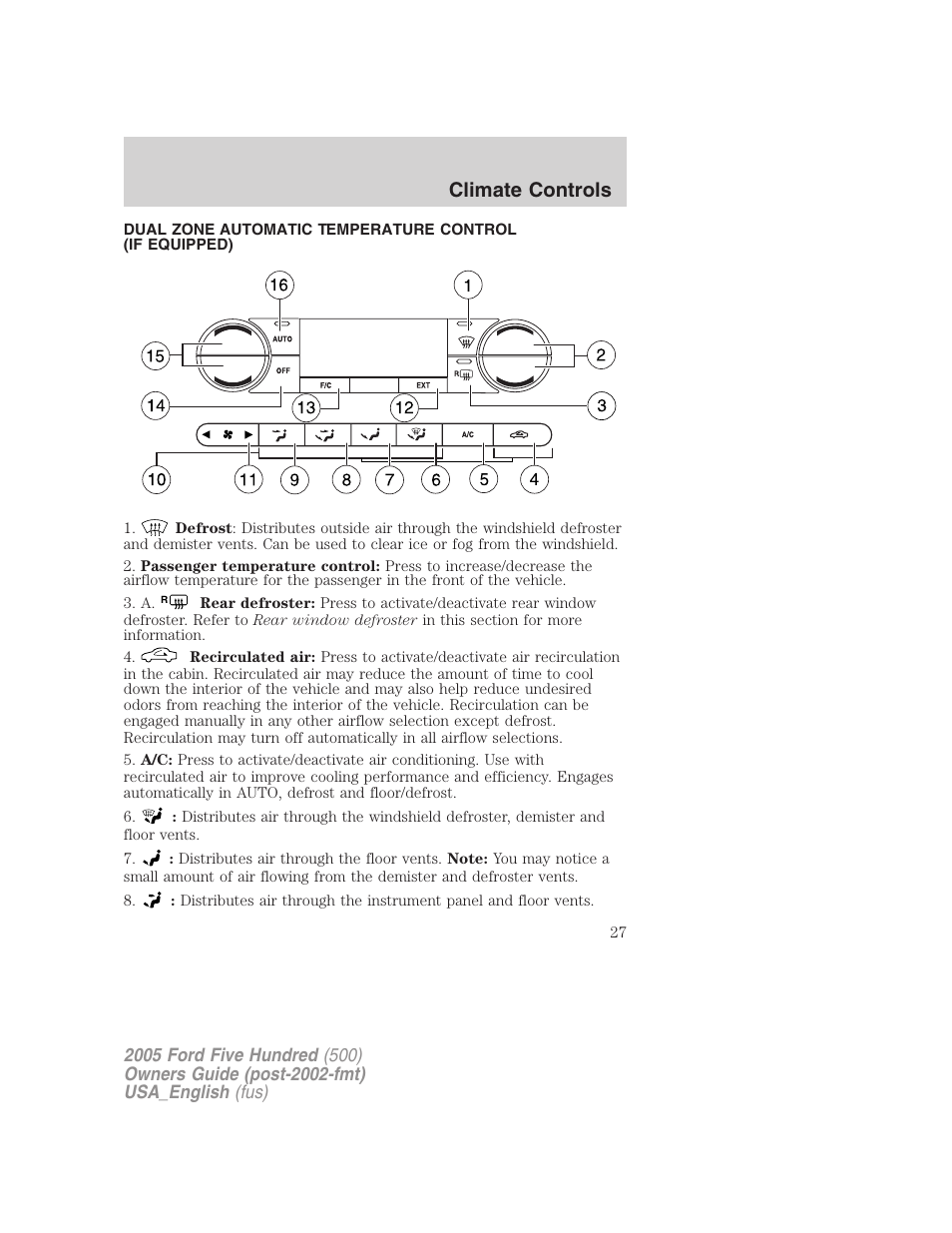 Climate controls | FORD 2005 Five Hundred v.2 User Manual | Page 27 / 264