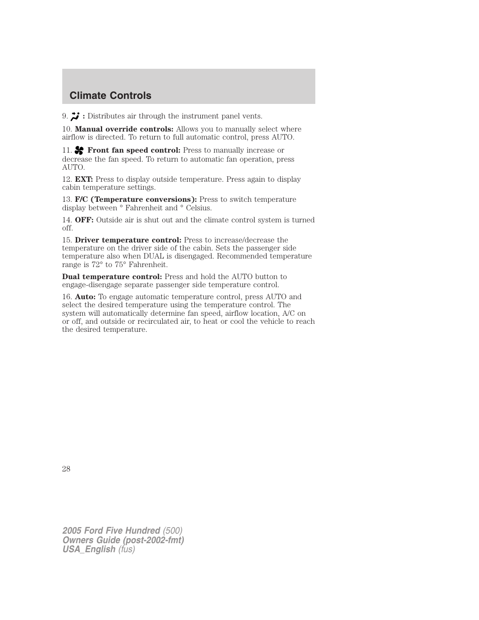 Climate controls | FORD 2005 Five Hundred v.2 User Manual | Page 28 / 264