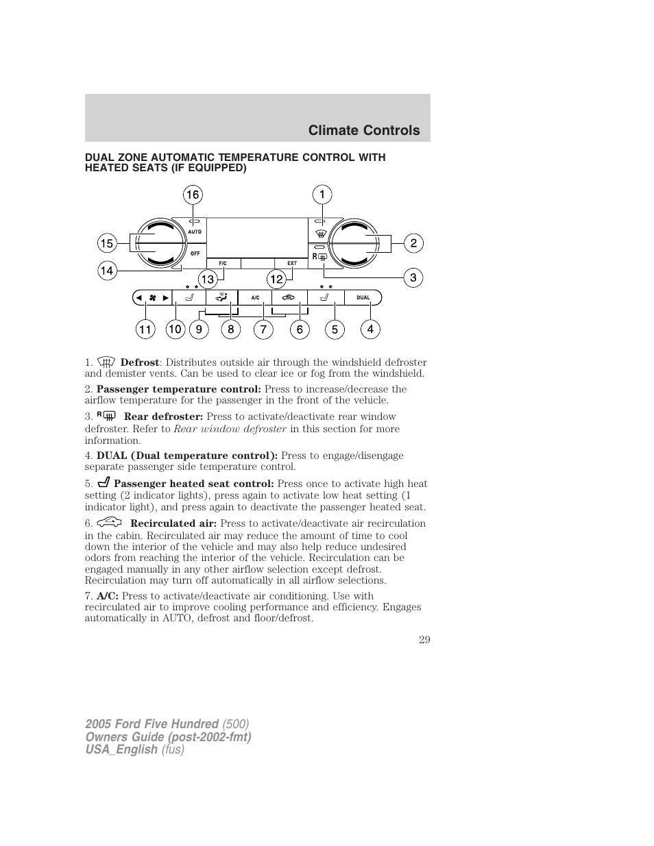 Climate controls | FORD 2005 Five Hundred v.2 User Manual | Page 29 / 264