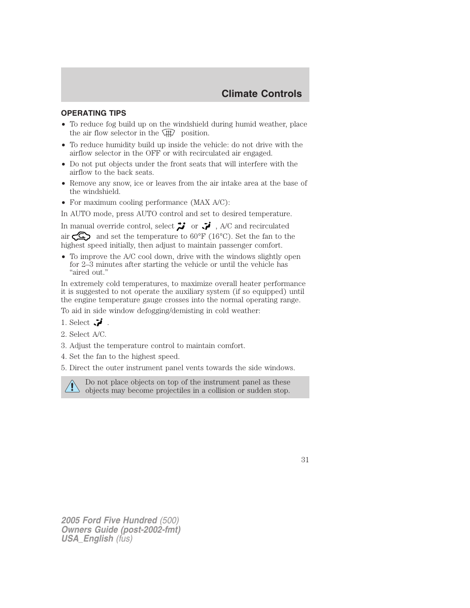 Climate controls | FORD 2005 Five Hundred v.2 User Manual | Page 31 / 264