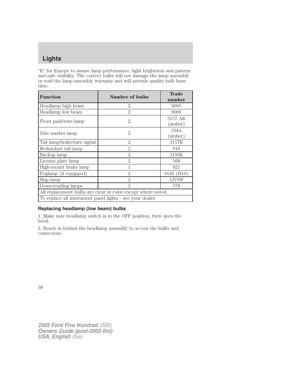 Lights | FORD 2005 Five Hundred v.2 User Manual | Page 38 / 264