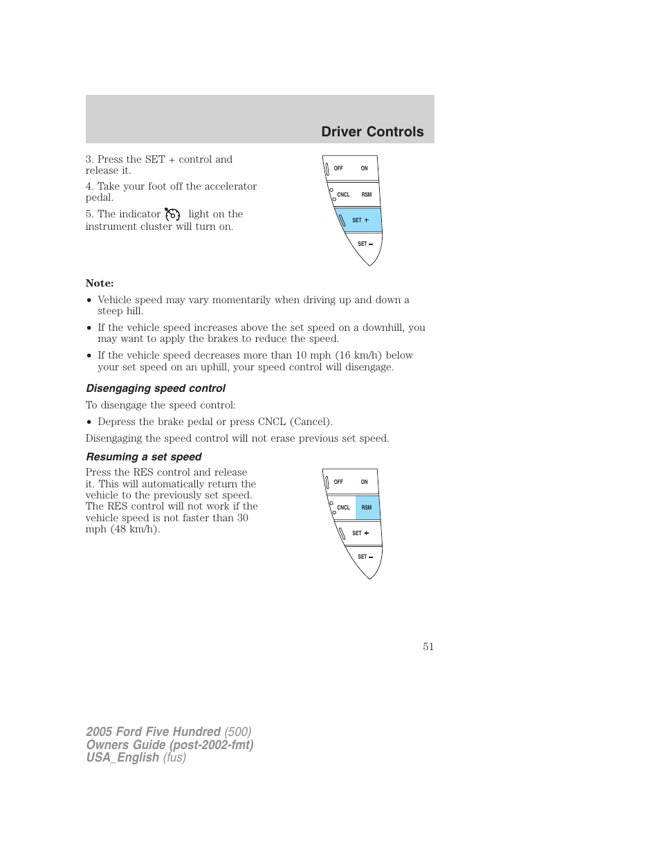 Driver controls | FORD 2005 Five Hundred v.2 User Manual | Page 51 / 264