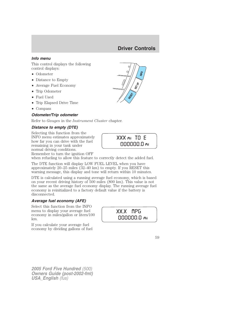 Driver controls | FORD 2005 Five Hundred v.2 User Manual | Page 59 / 264