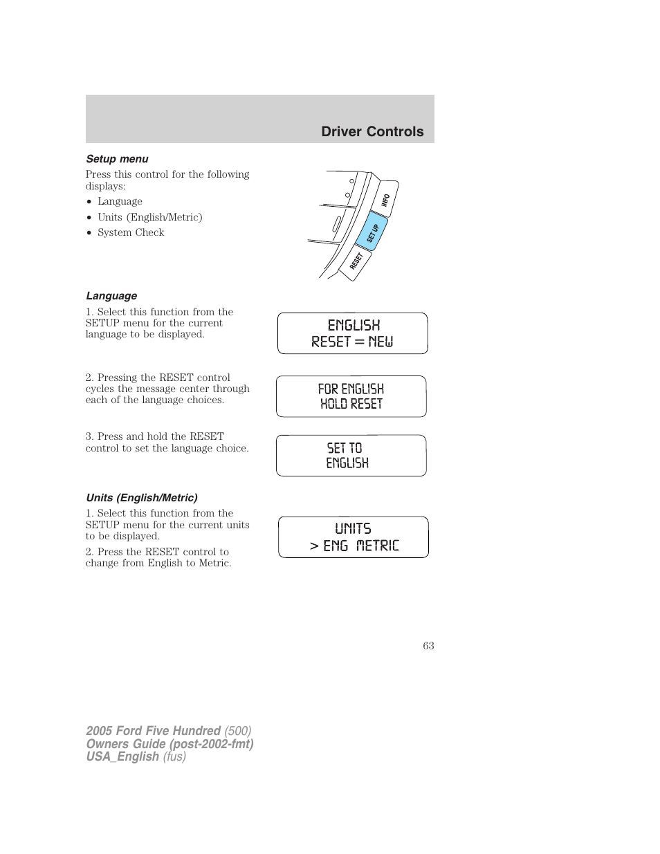 Driver controls | FORD 2005 Five Hundred v.2 User Manual | Page 63 / 264