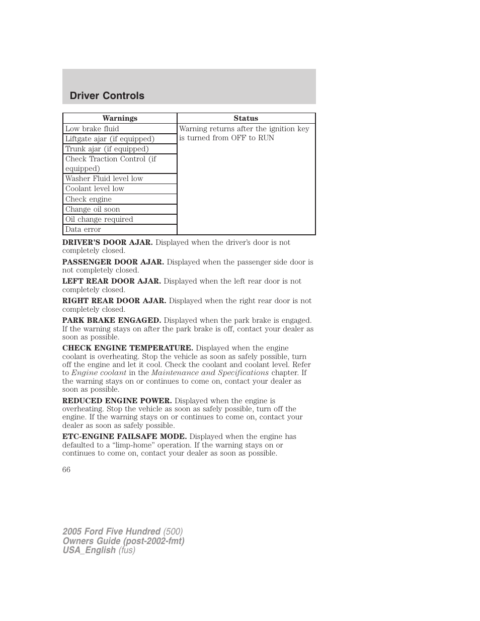 Driver controls | FORD 2005 Five Hundred v.2 User Manual | Page 66 / 264