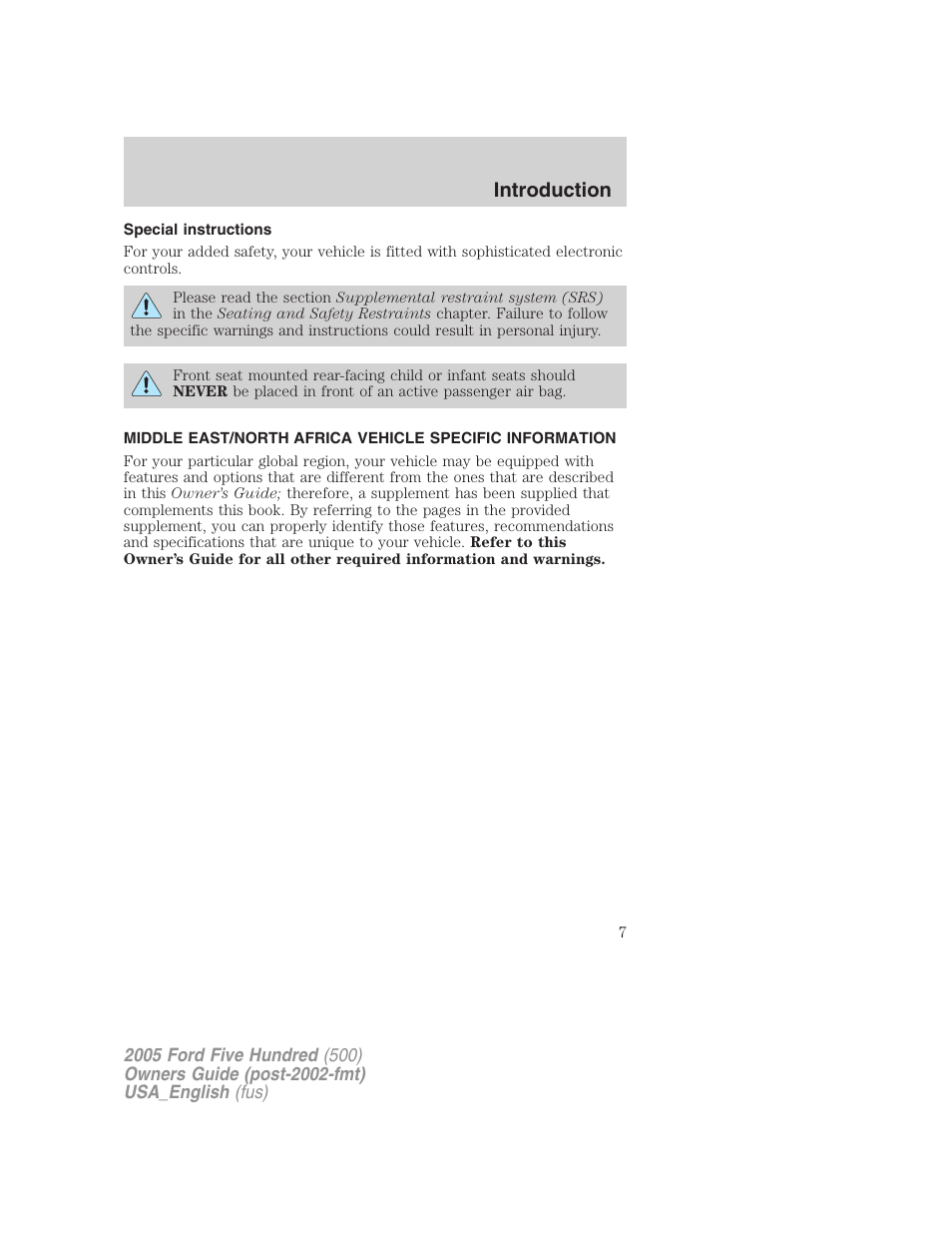 Introduction | FORD 2005 Five Hundred v.2 User Manual | Page 7 / 264