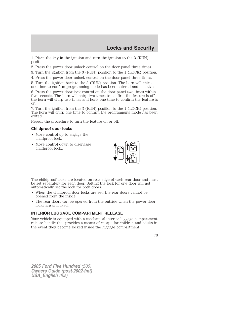 Locks and security | FORD 2005 Five Hundred v.2 User Manual | Page 73 / 264