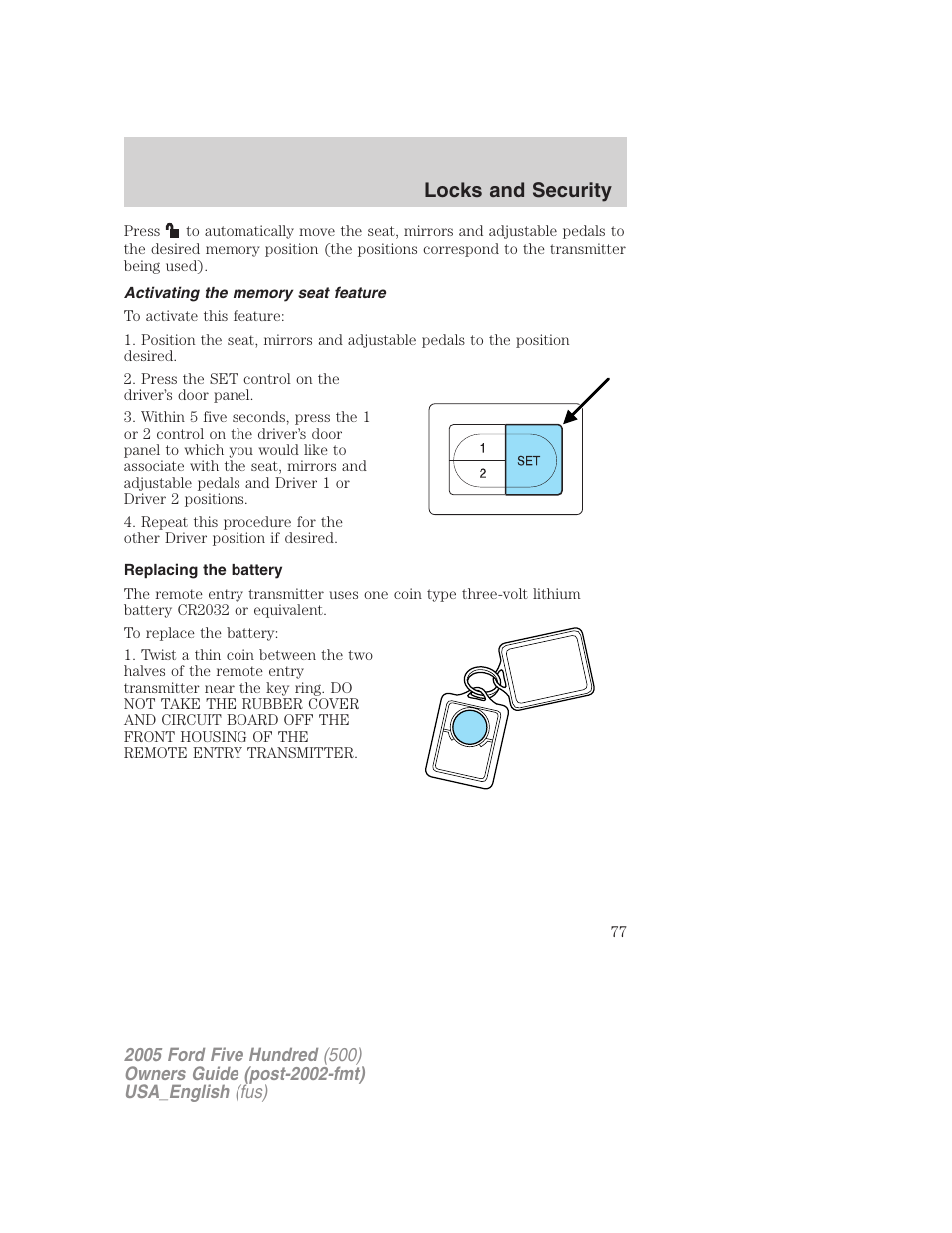 Locks and security | FORD 2005 Five Hundred v.2 User Manual | Page 77 / 264