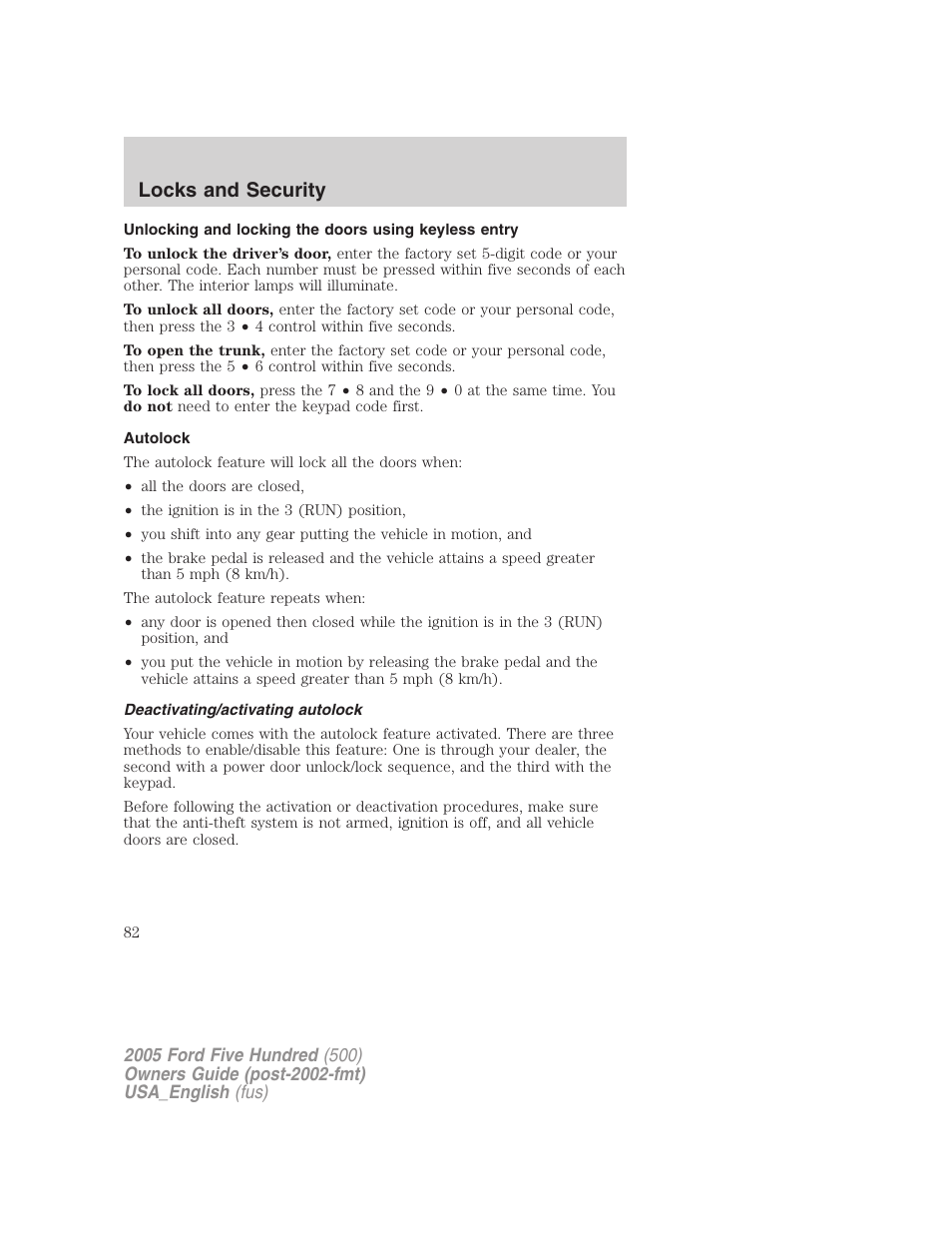Locks and security | FORD 2005 Five Hundred v.2 User Manual | Page 82 / 264