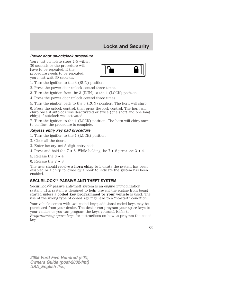 Locks and security | FORD 2005 Five Hundred v.2 User Manual | Page 83 / 264