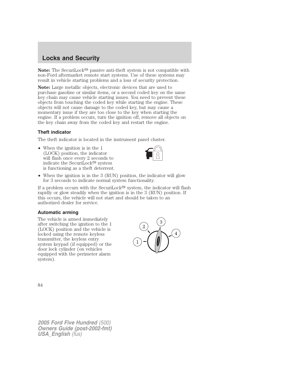 Locks and security | FORD 2005 Five Hundred v.2 User Manual | Page 84 / 264