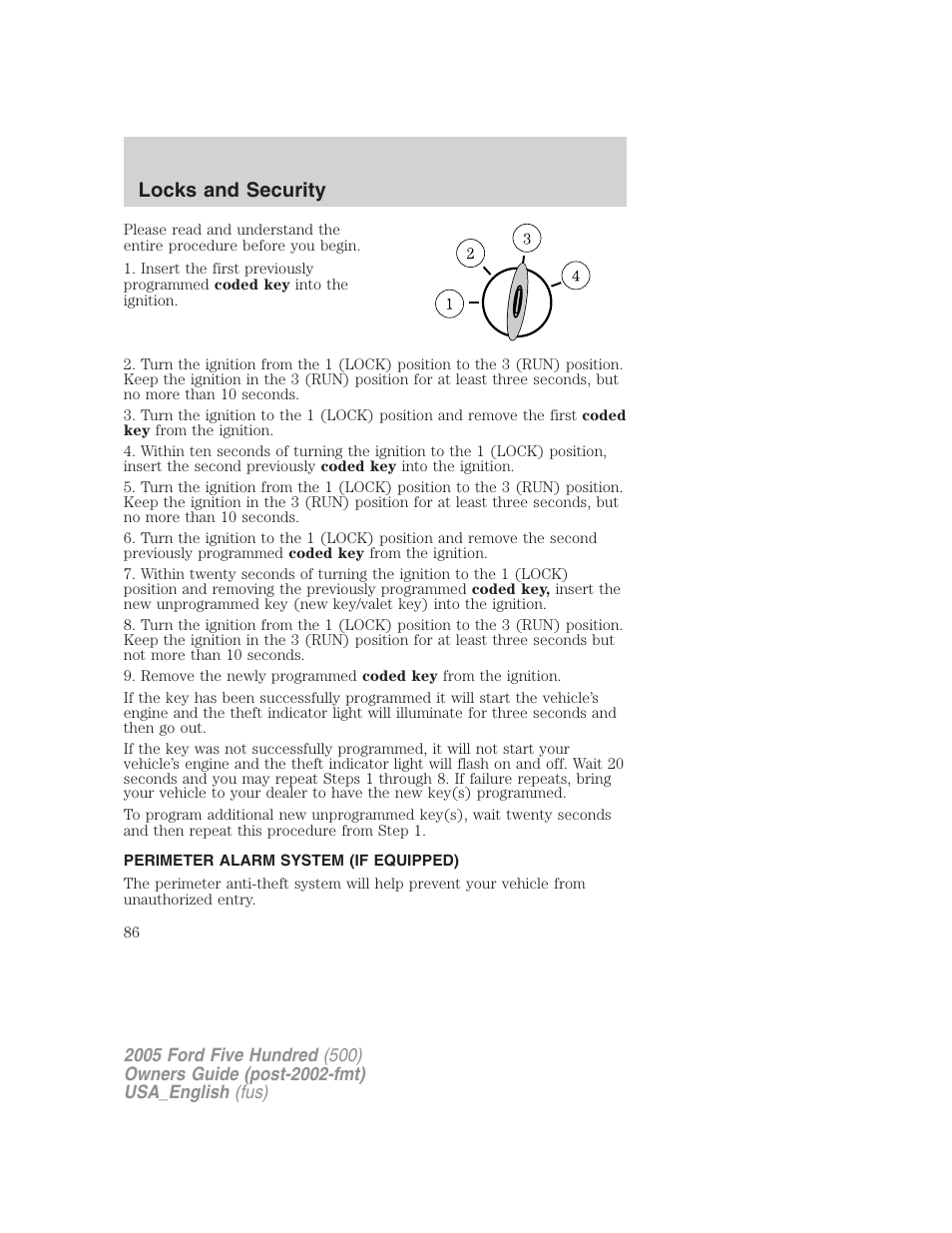 Locks and security | FORD 2005 Five Hundred v.2 User Manual | Page 86 / 264