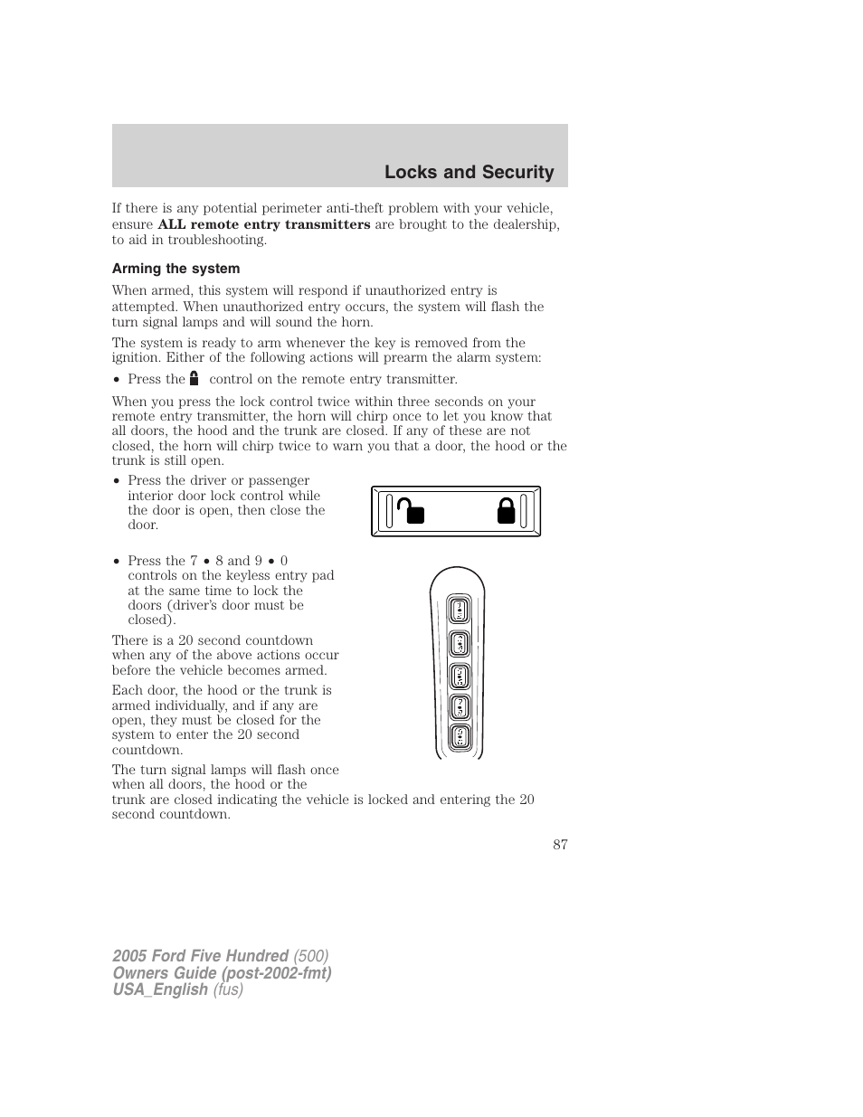 Locks and security | FORD 2005 Five Hundred v.2 User Manual | Page 87 / 264