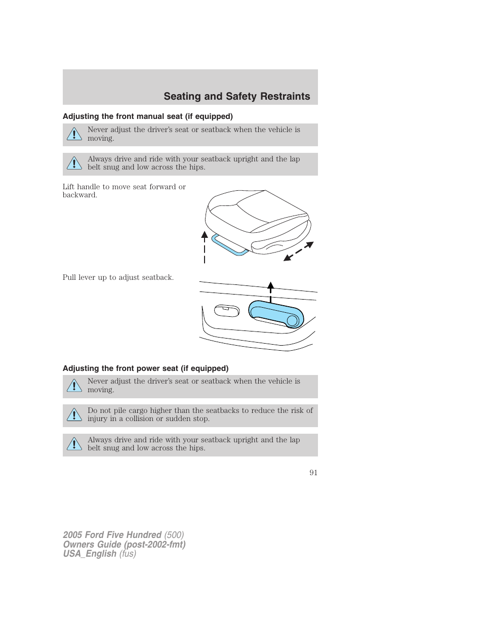 Seating and safety restraints | FORD 2005 Five Hundred v.2 User Manual | Page 91 / 264