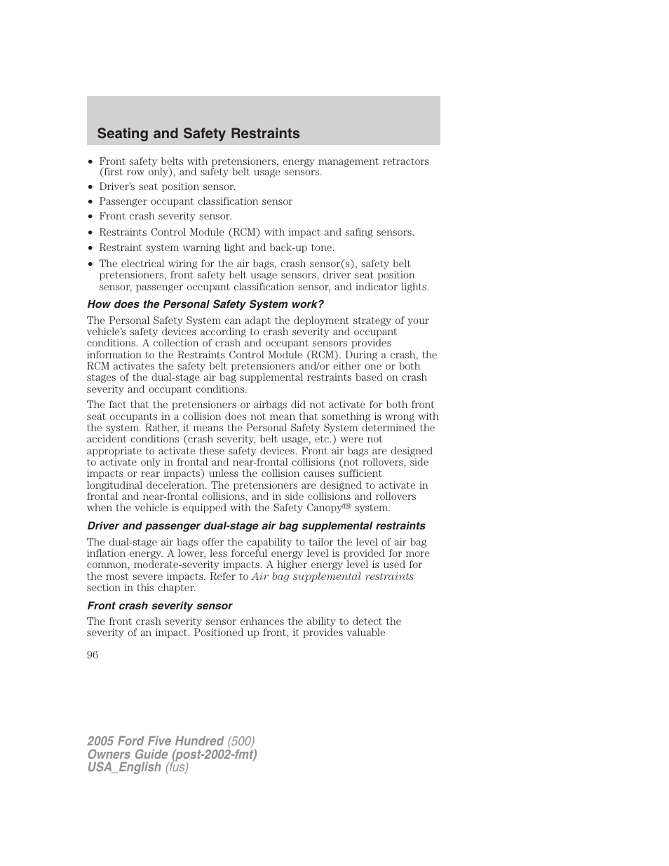 Seating and safety restraints | FORD 2005 Five Hundred v.2 User Manual | Page 96 / 264