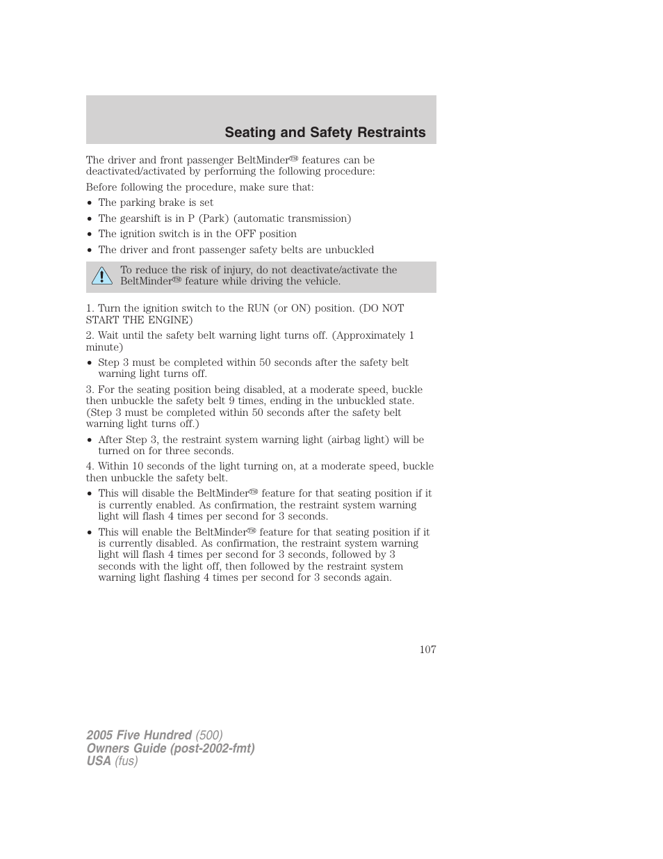 Seating and safety restraints | FORD 2005 Five Hundred v.3 User Manual | Page 107 / 264