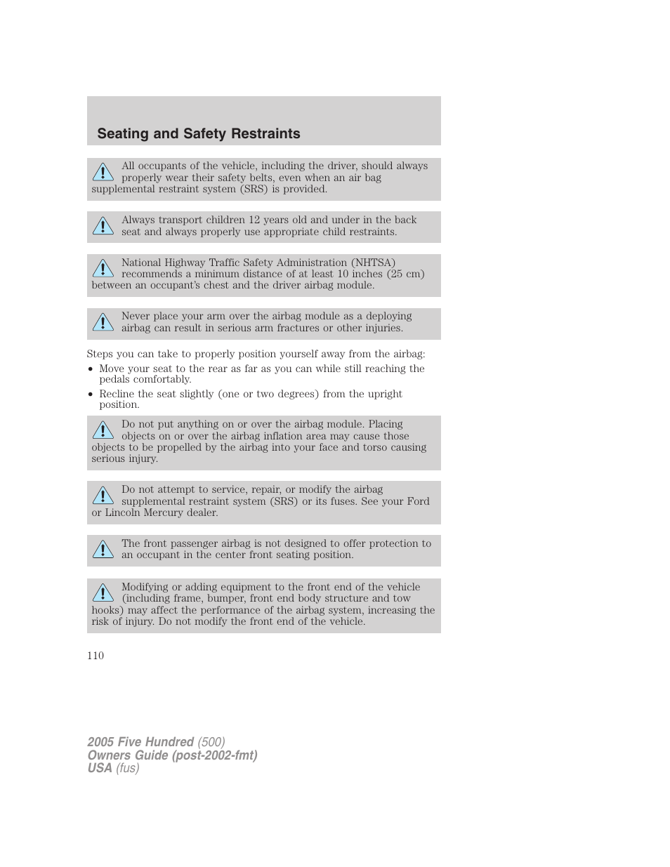 Seating and safety restraints | FORD 2005 Five Hundred v.3 User Manual | Page 110 / 264